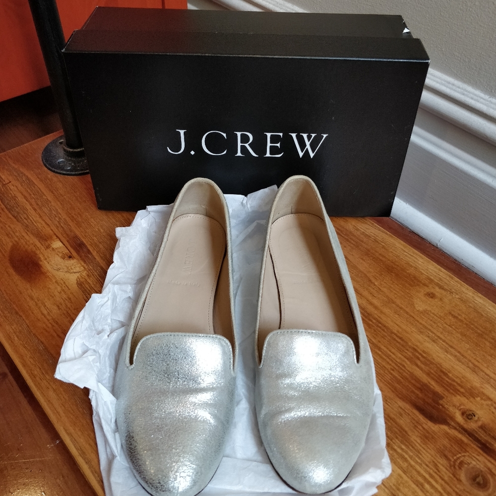 JCrew, sz7, metallic silver, leather loafers